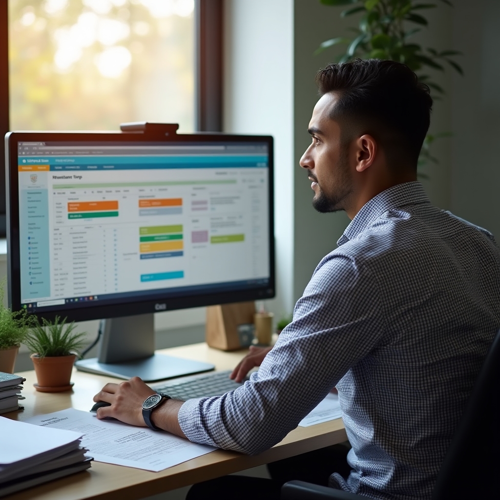 Medical office administrator reviewing a daily provider schedule on a desktop monitor