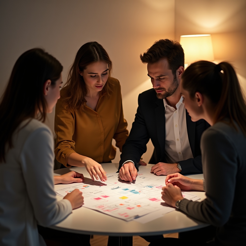 Front desk team gathered around a table discussing scheduling workflow changes