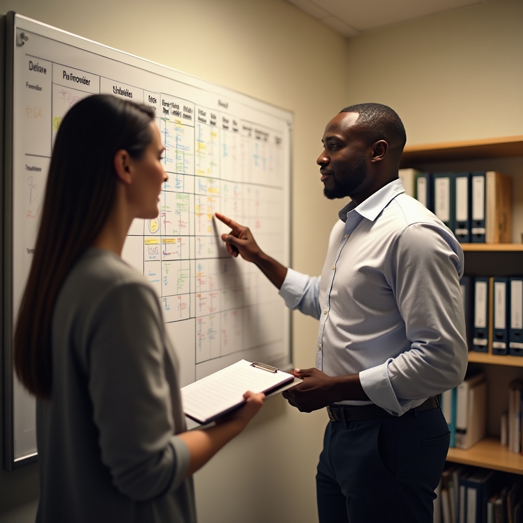 Administrator reviewing a color-coded multi-provider schedule board in a family practice office