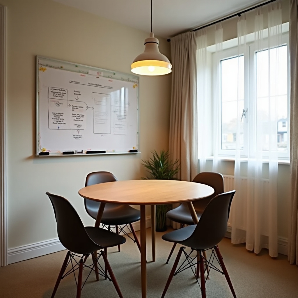 Small meeting room set up for a front-desk workflow discussion with printed process diagrams on the wall