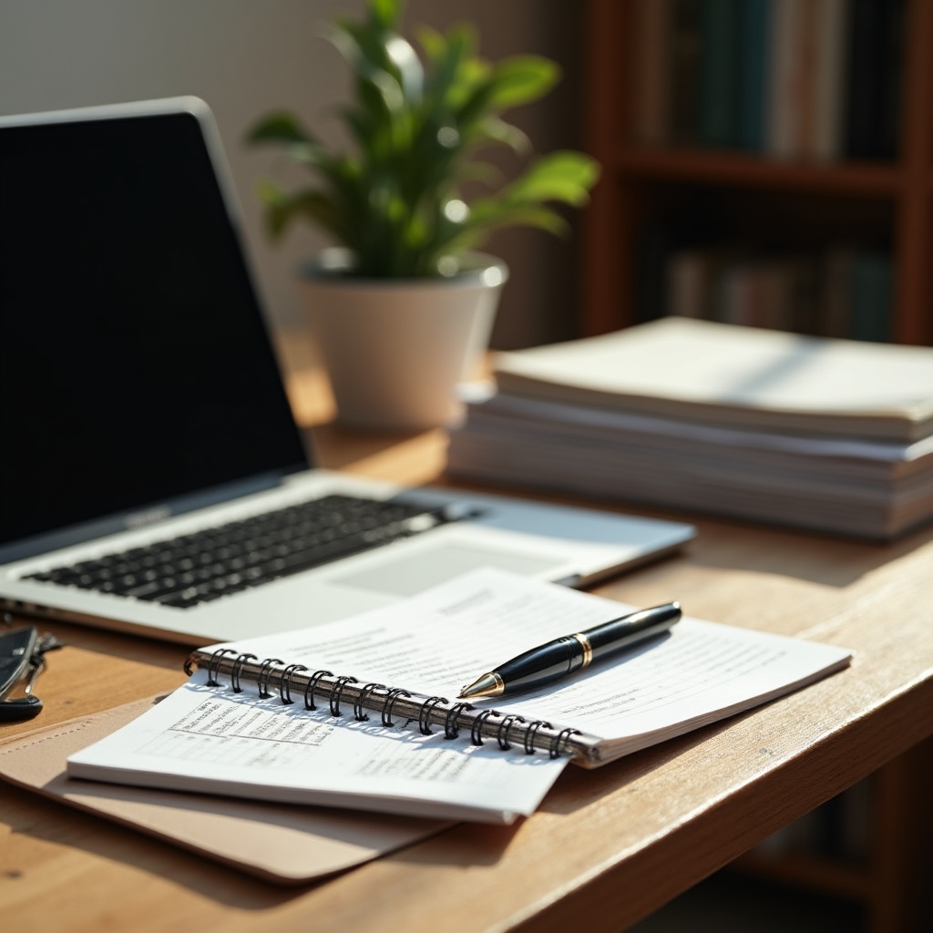 Organized consulting workspace desk with notes, a laptop, and reference binders on schedule design