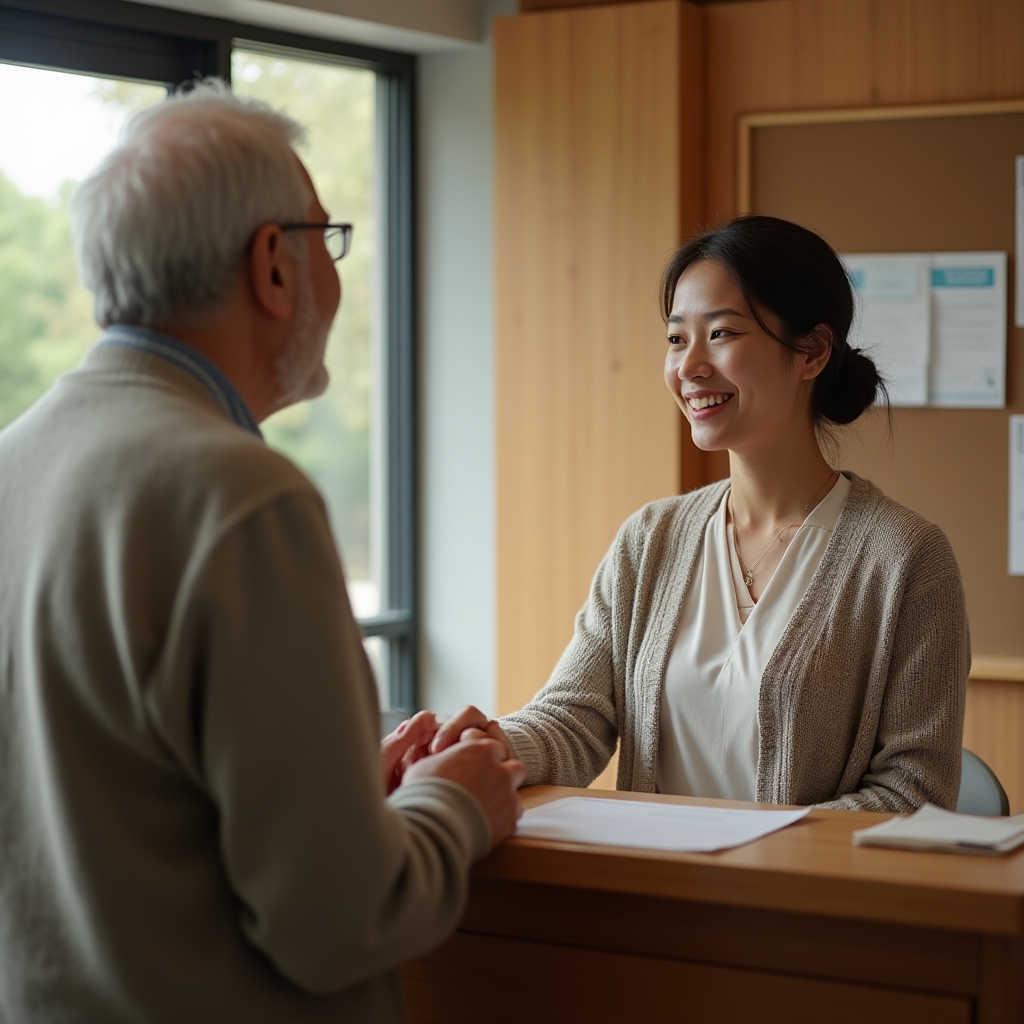 Front desk staff member checking in a patient at a medical office reception counter